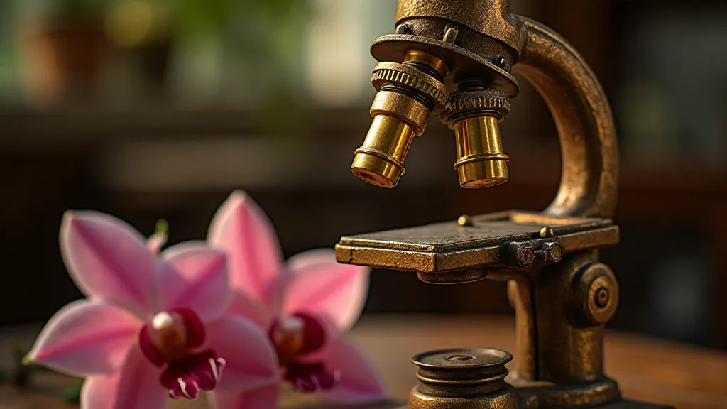 Antique microscope and orchid flower