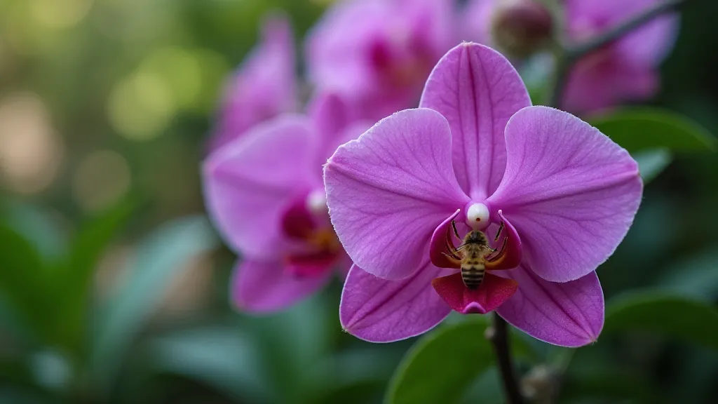 Close-up of a brightly colored orchid flower with a bee landing on it.