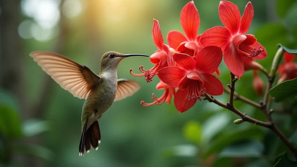 Vivid red orchid flower with a hummingbird hovering near it.
