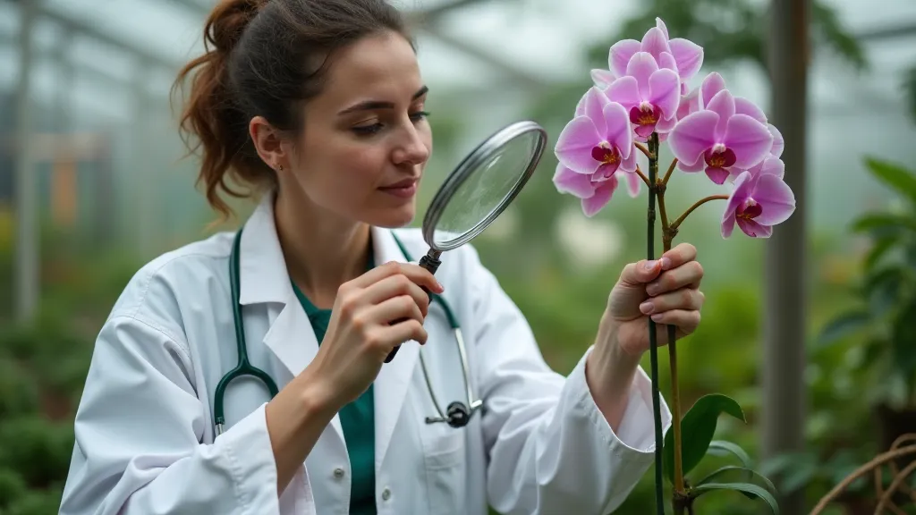 Botanist examining orchid flower