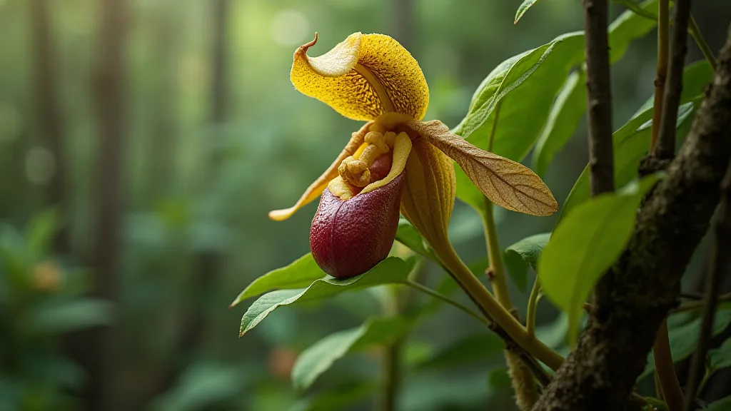 Coryanthes orchid growing on a tree