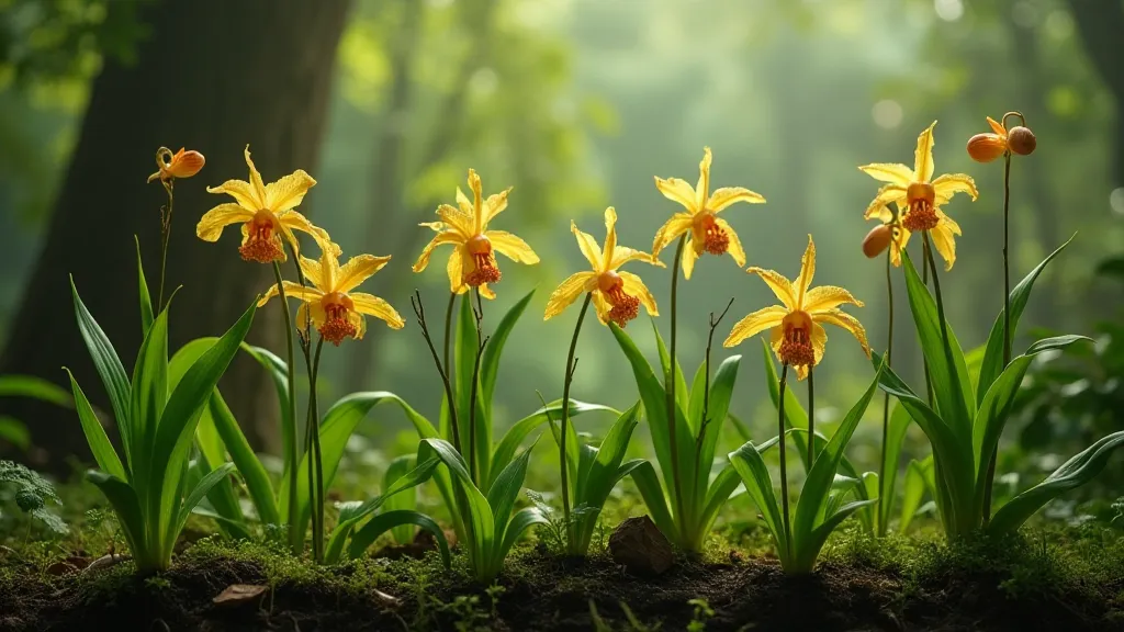 Multiple Maxillaria orchid plants in a natural setting