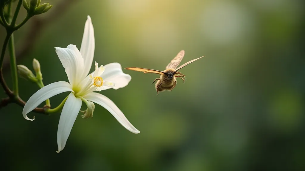White orchid flower with a long spur, a moth hovering nearby.