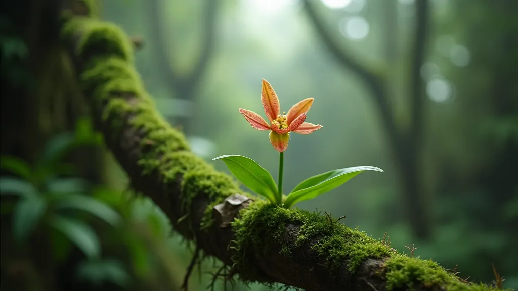 Pleurothallis orchid growing on a tree branch in a cloud forest.