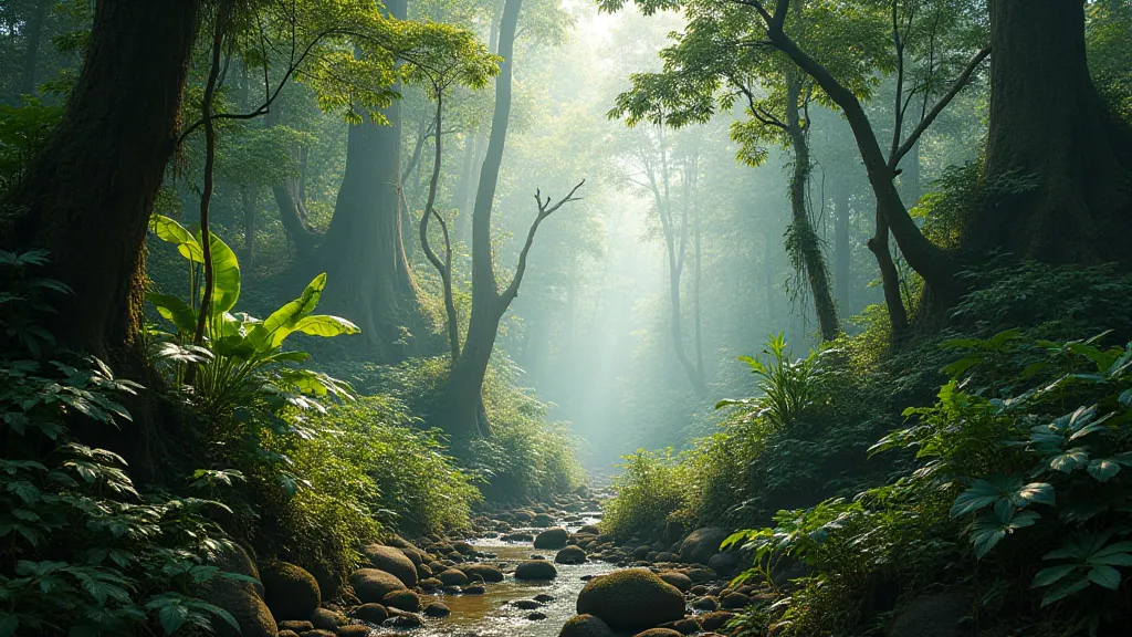 Diverse rainforest environment with orchids